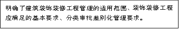 明确了建筑装饰装修工程管理的适用范围、装饰装修工程应满足的基本要求、分类审批差别化管理要求。
