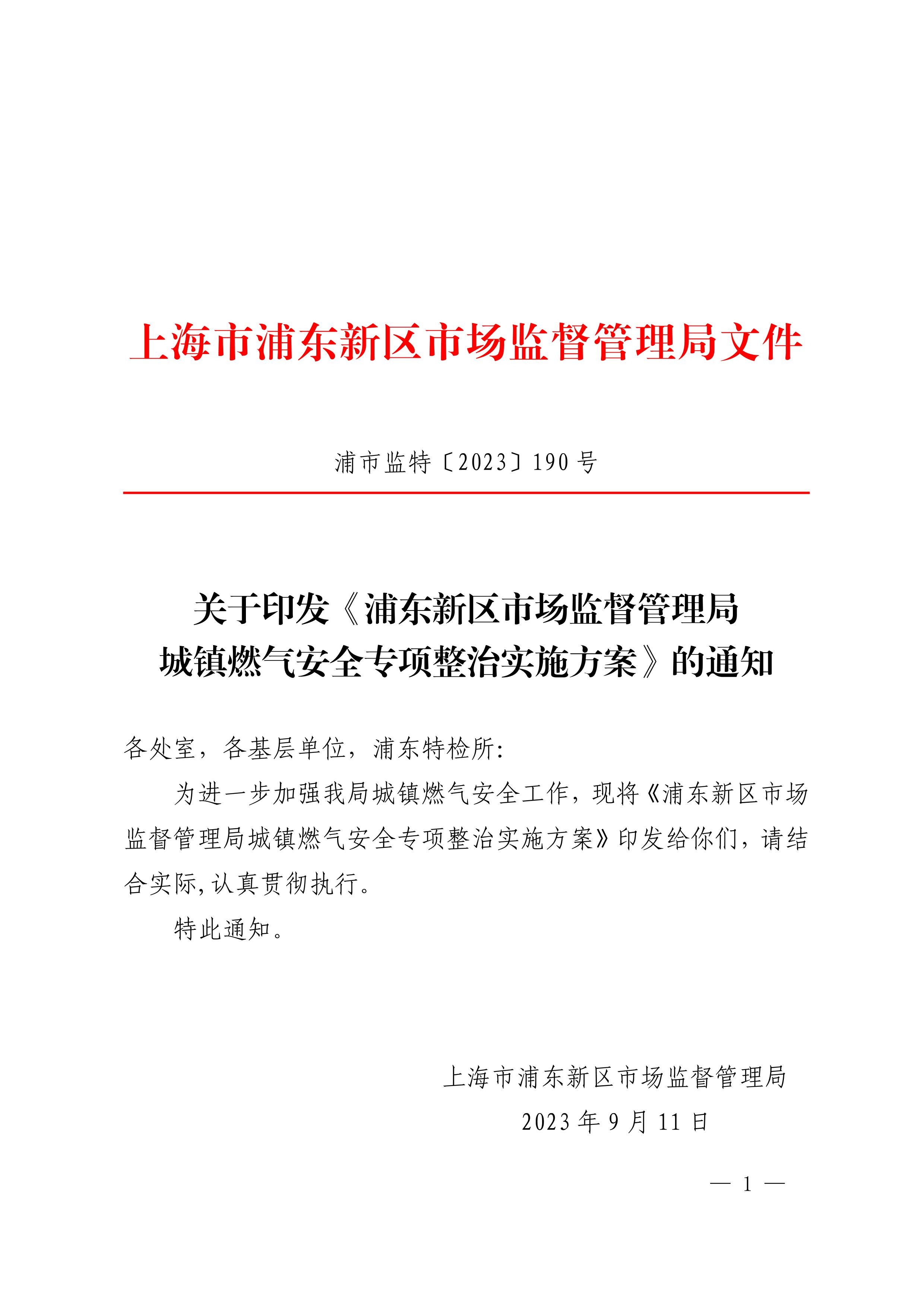 关于印发《浦东新区市场监督管理局城镇燃气安全专项整治实施方案》的通知