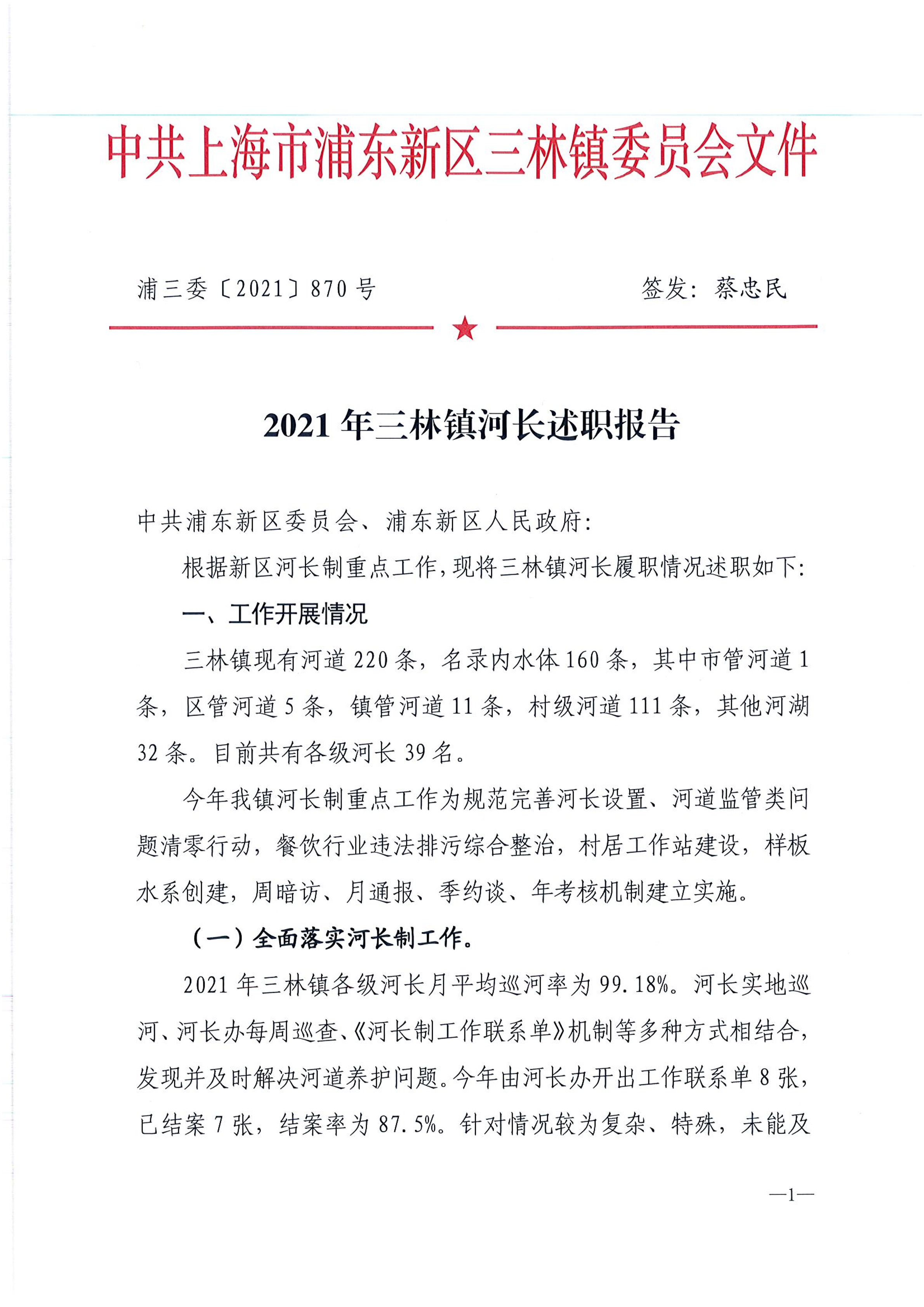 2021年三林镇河长述职报告