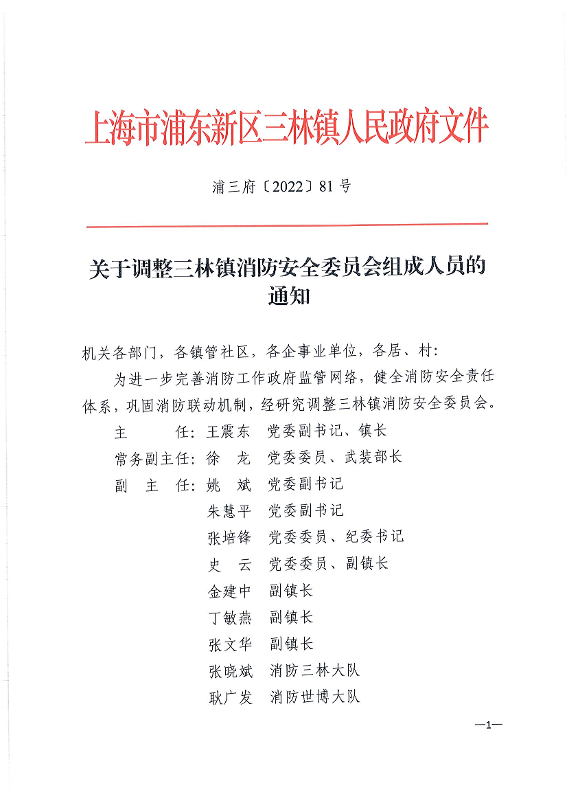 关于调整三林镇消防安全委员会组成人员的通知