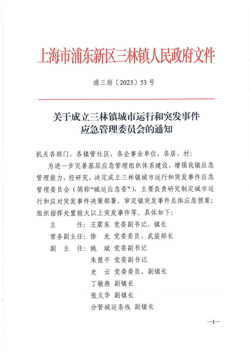 关于成立三林镇城市运行和突发事件应急管理委员会的通知
