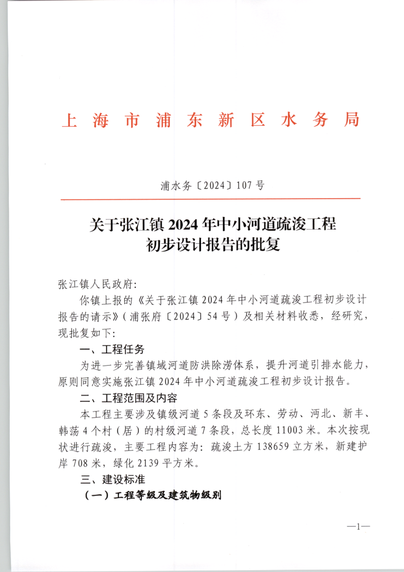 关于张江镇2024年中小河道疏浚工程 初步设计报告的批复