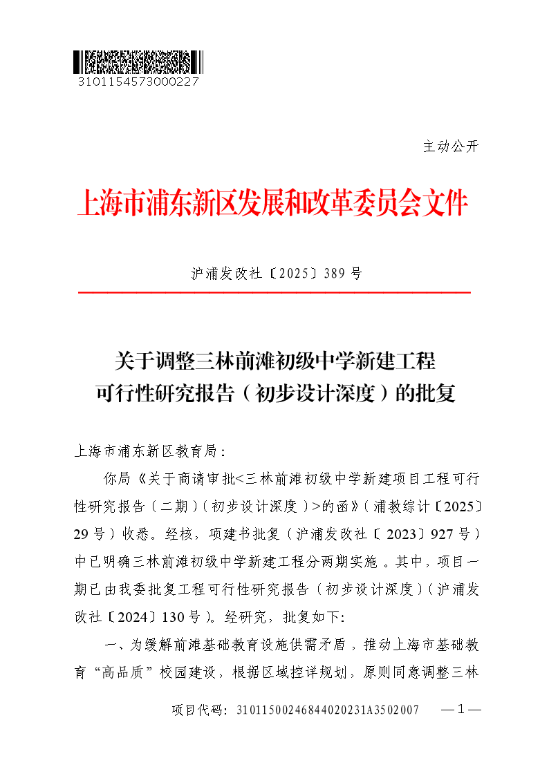 关于调整三林前滩初级中学新建工程可行性研究报告（初步设计深度）的批复