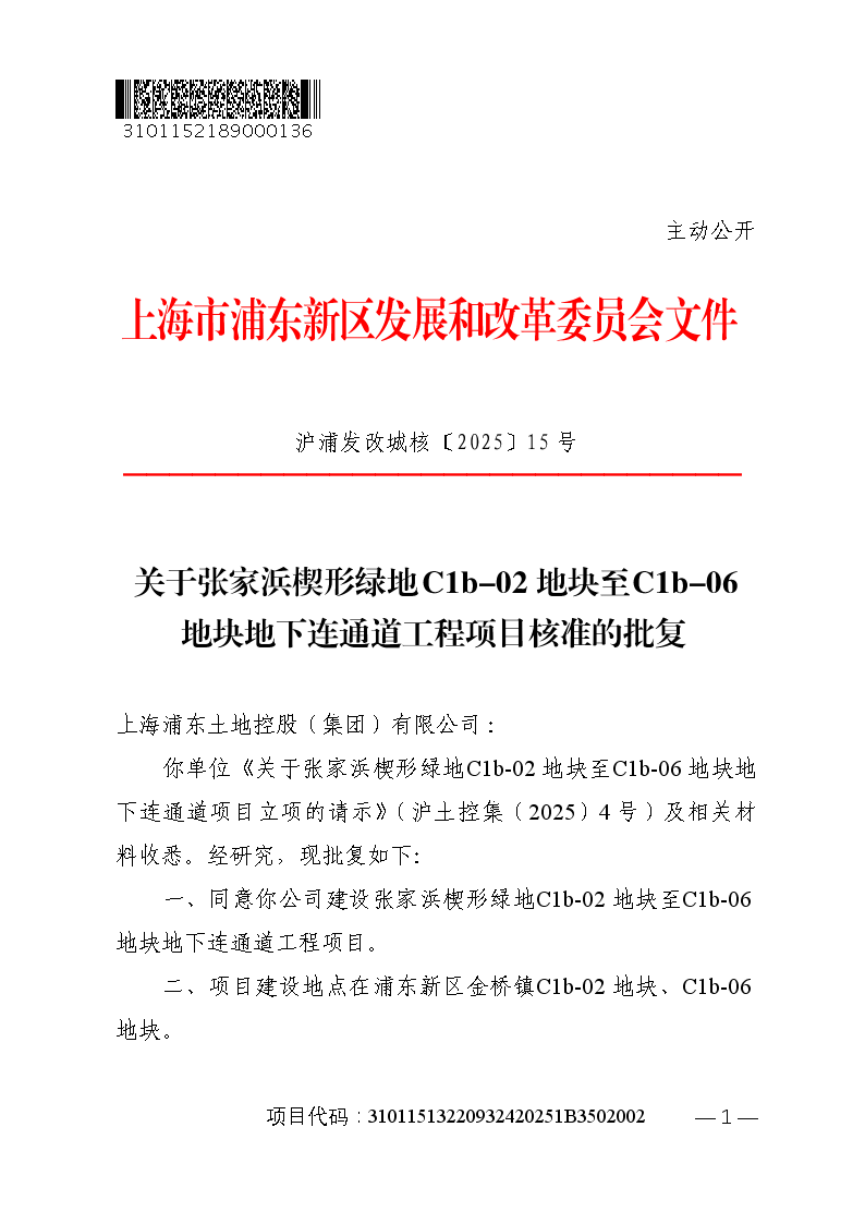 关于张家浜楔形绿地C1b-02地块至C1b-06地块地下连通道工程项目核准的批复