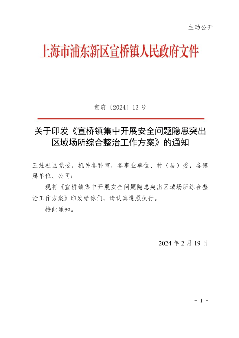 关于印发《宣桥镇集中开展安全问题隐患突出区域场所综合整治工作方案》的通知
