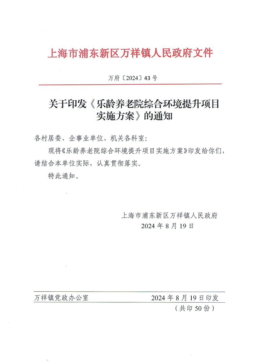 关于印发《乐龄养老院综合环境提升项目实施方案》的通知