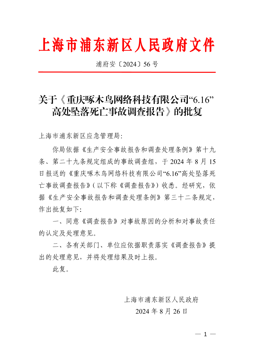 关于《重庆啄木鸟网络科技有限公司“6.16”高处坠落死亡事故调查报告》的批复