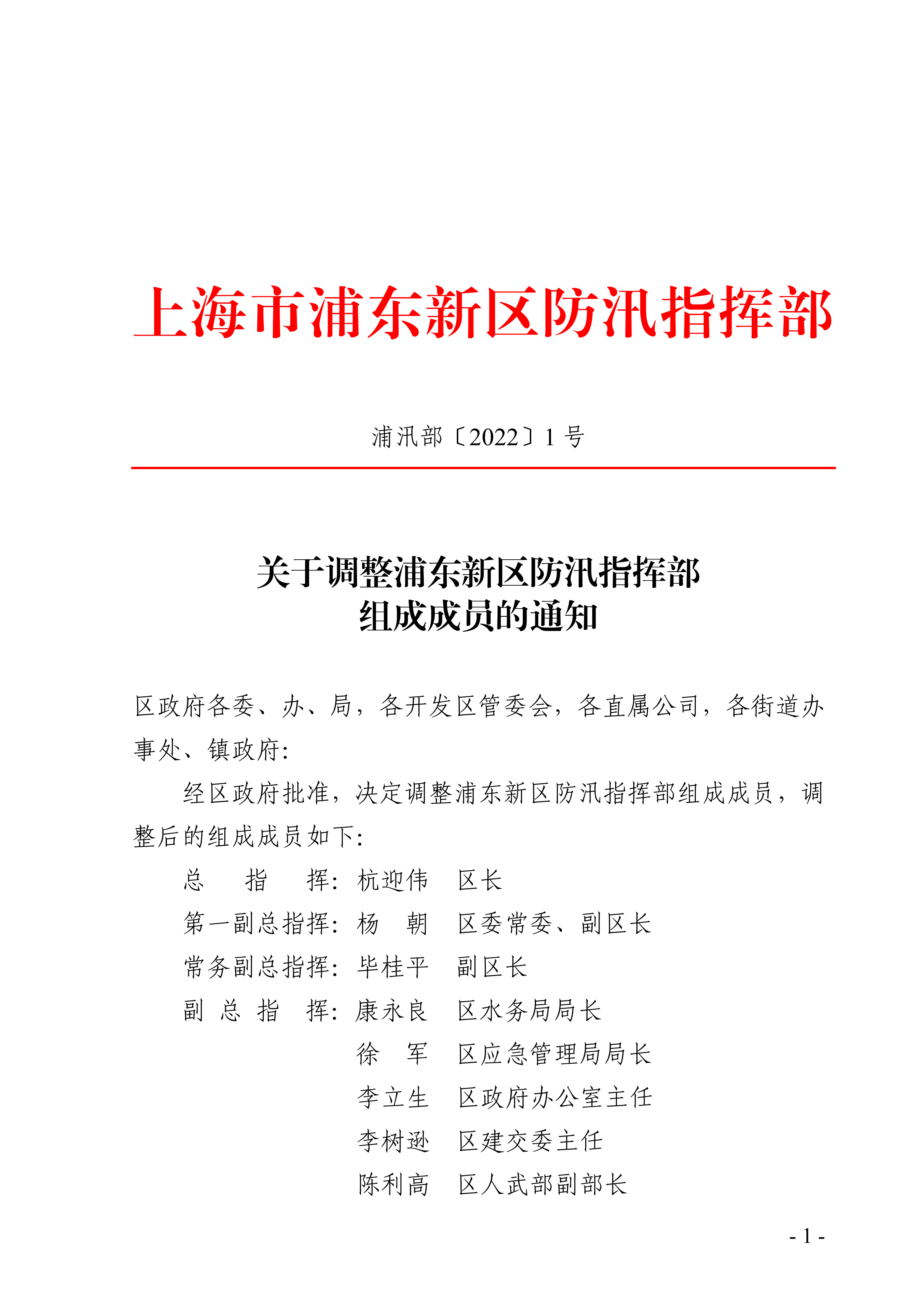 关于调整浦东新区防汛指挥部组成成员的通知