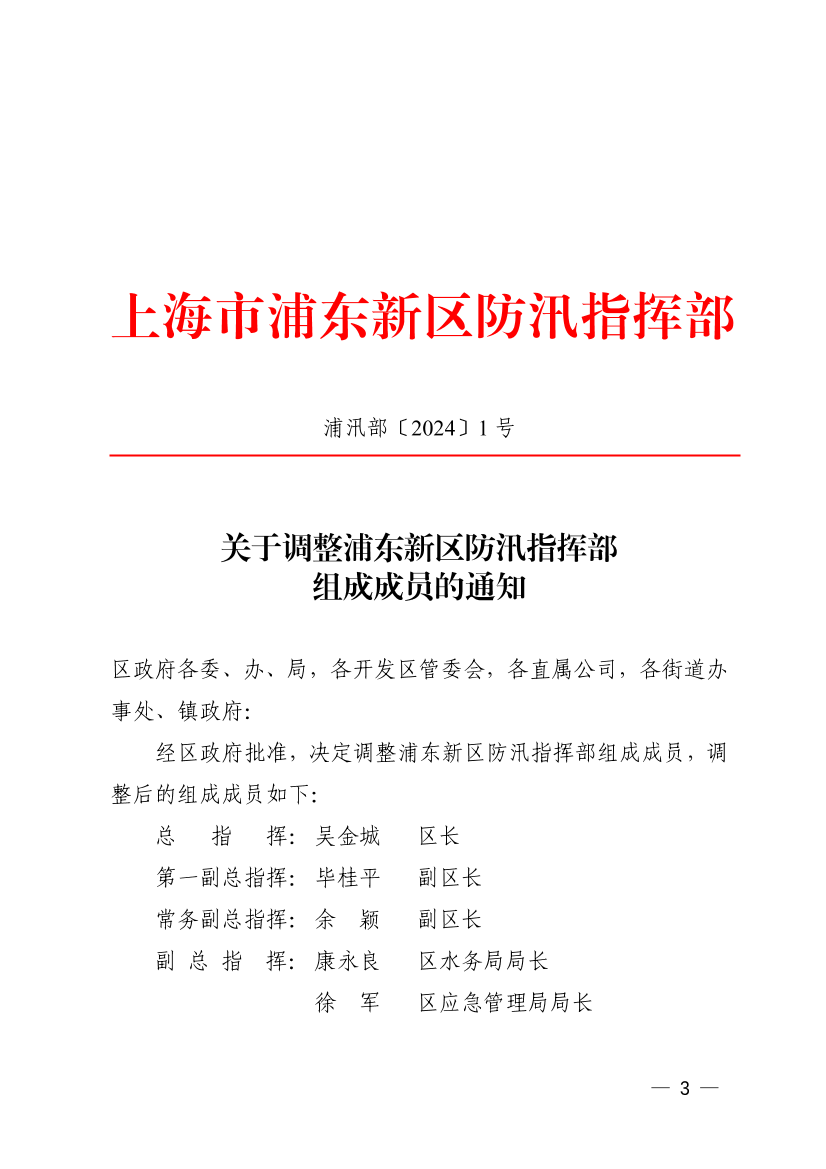 关于调整浦东新区防汛指挥部组成成员的通知