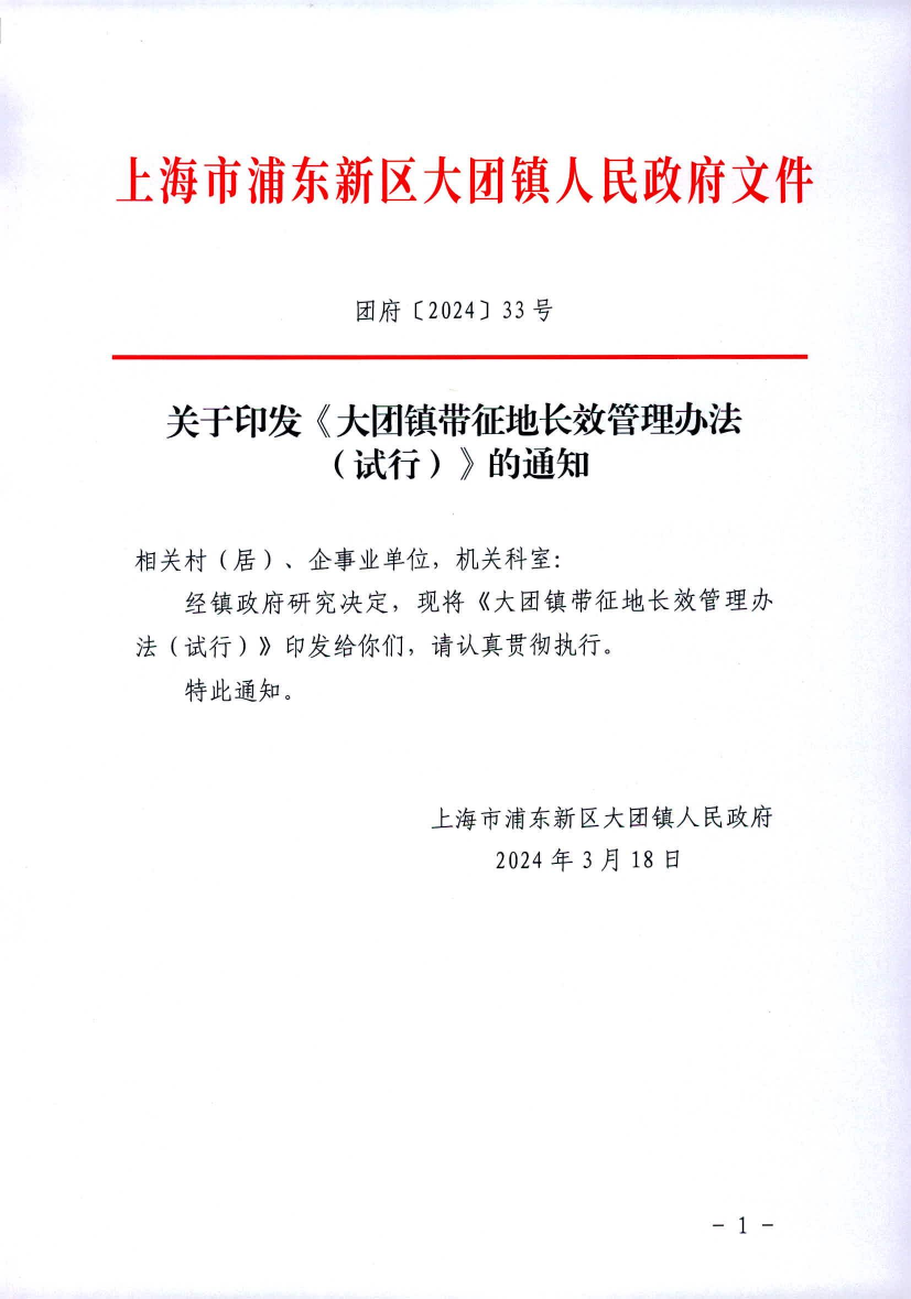 关于印发《大团镇带征地长效管理办法 （试行）》的通知