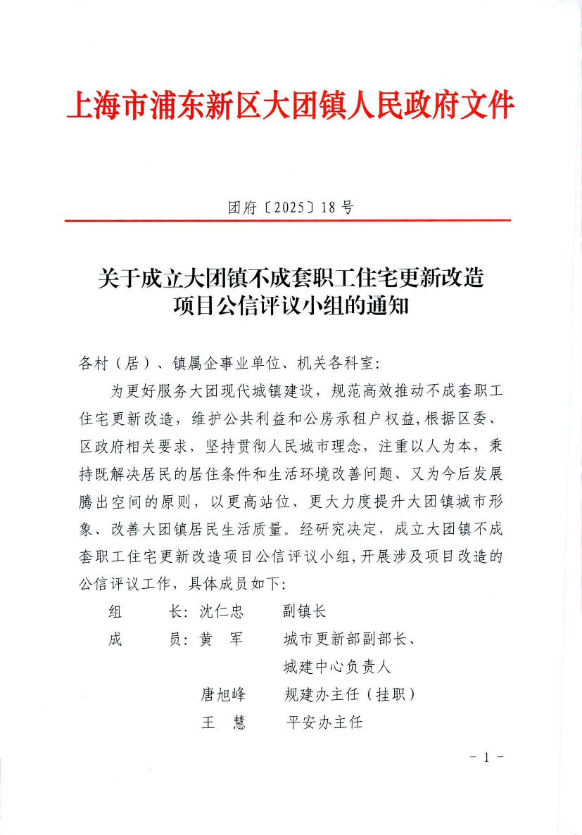 关于成立大团镇不成套职工住宅更新改造 项目公信评议小组的通知