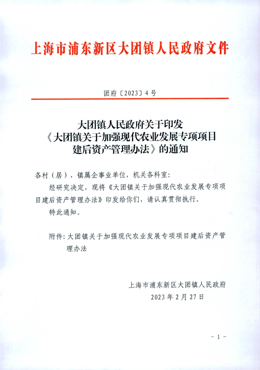 大团镇人民政府关于印发 《大团镇关于加强现代农业发展专项项目 建后资产管理办法》的通知