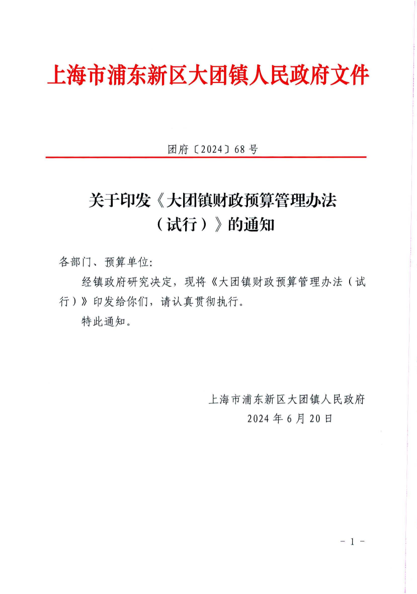 关于印发《大团镇财政预算管理办法 （试行）》的通知