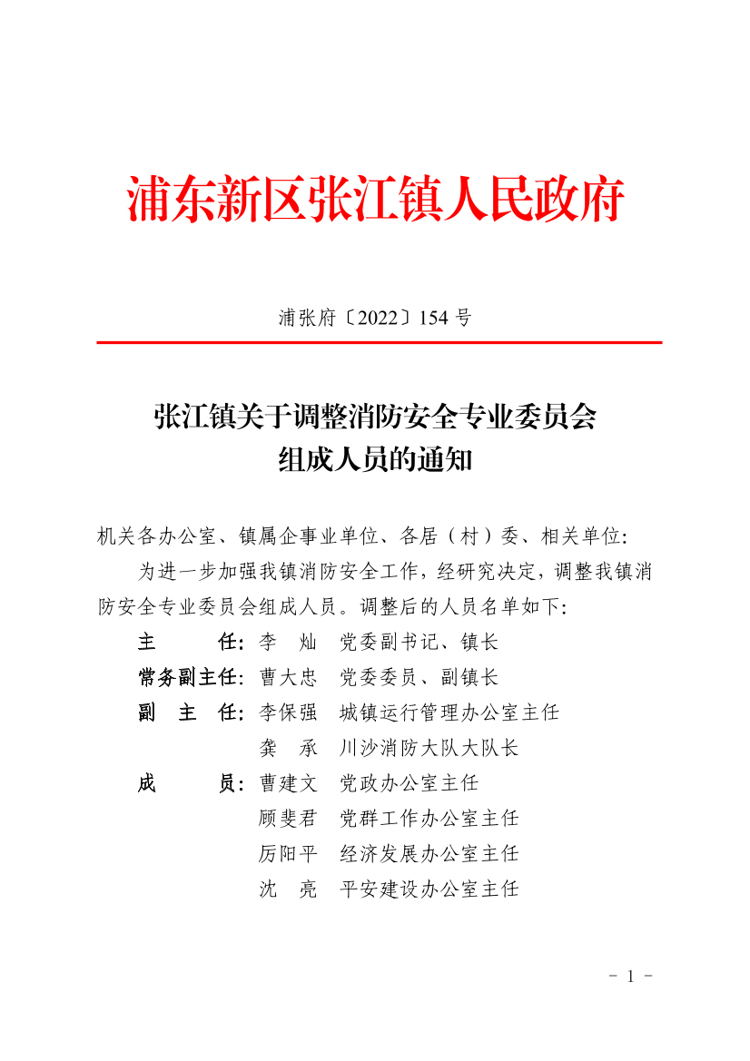 张江镇关于调整消防安全专业委员会组成人员的通知