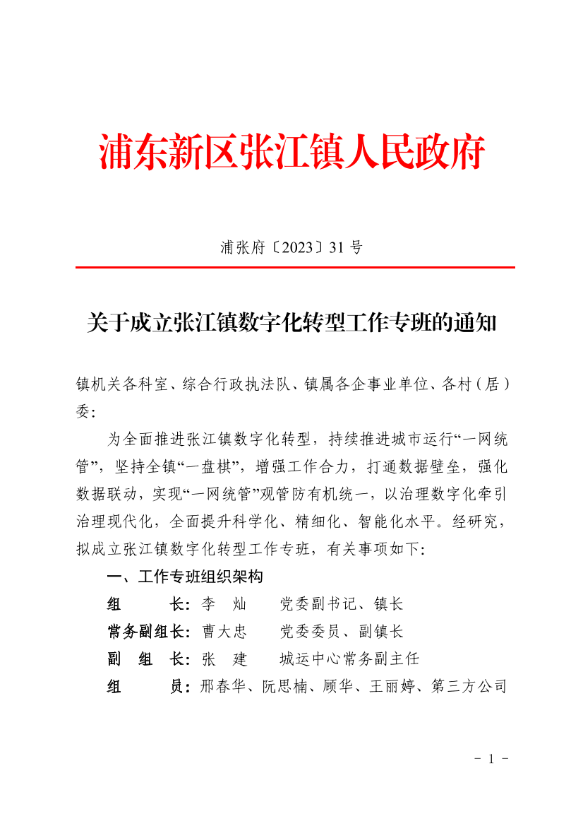 关于成立张江镇数字化转型工作专班的通知