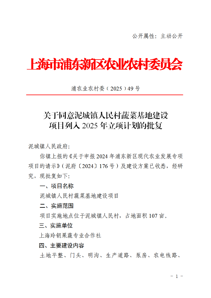关于同意泥城镇人民村蔬菜基地建设项目列入2025年立项计划的批复
