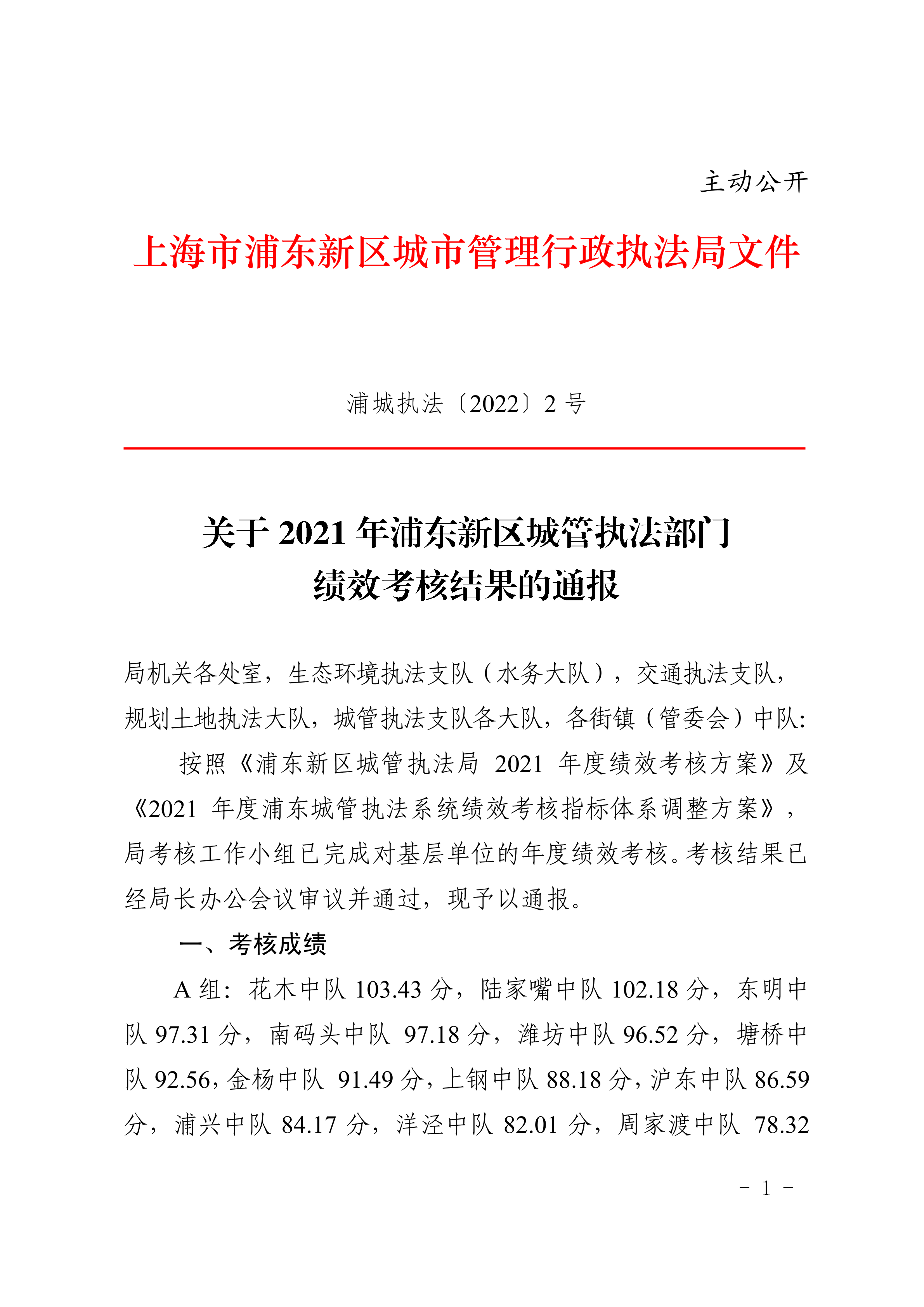 关于2021年浦东新区城管执法部门绩效考核结果的通报