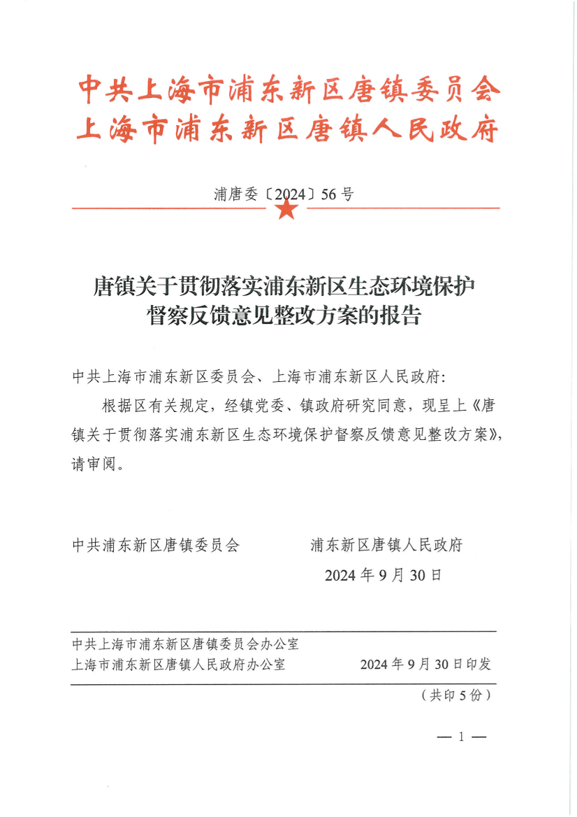 唐镇关于贯彻落实浦东新区生态环境保护督察反馈意见整改方案的报告