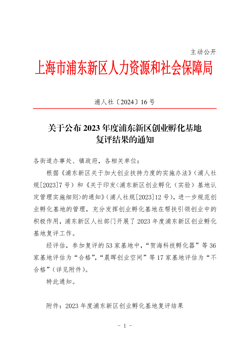 关于公布2023年度浦东新区创业孵化基地复评结果的通知