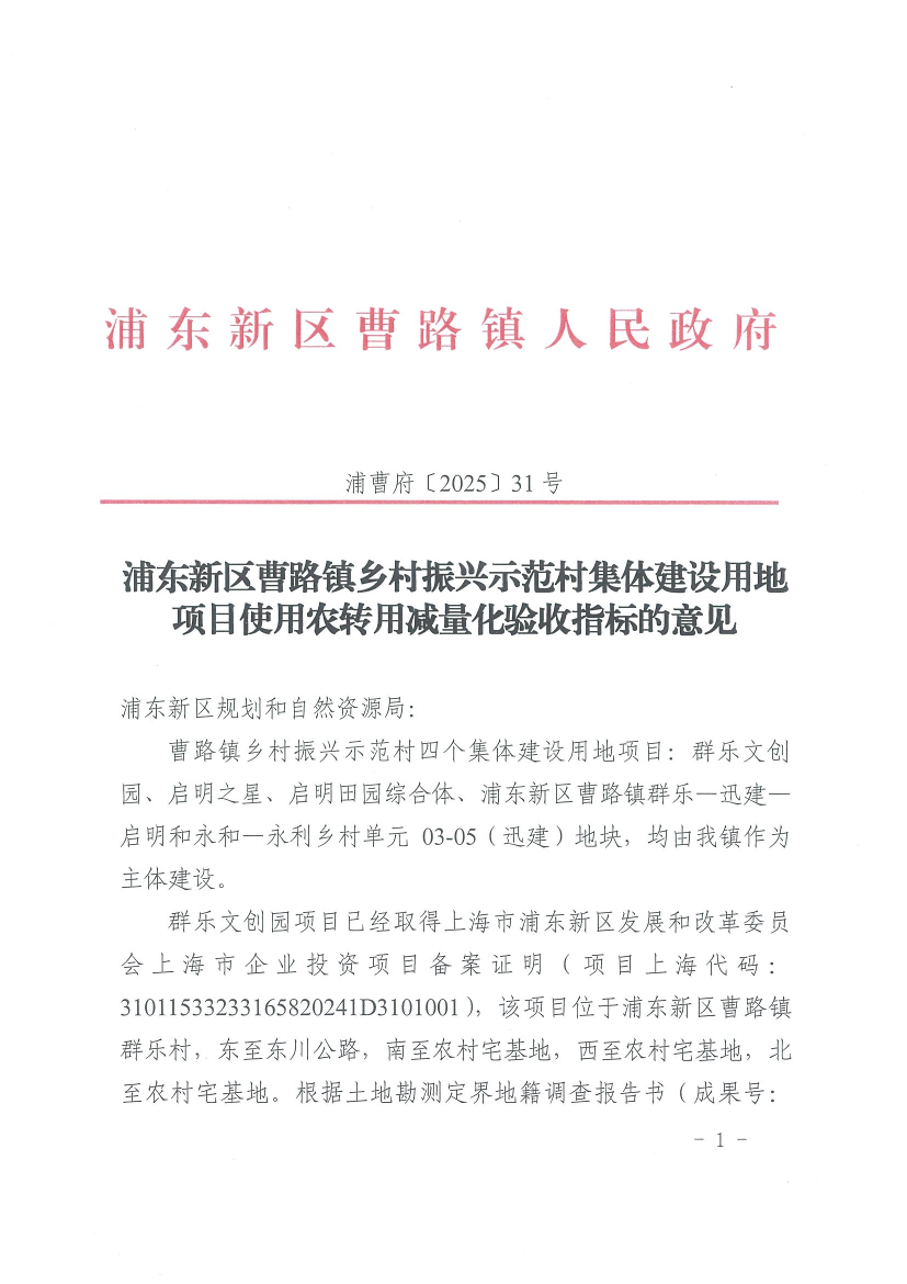 浦东新区曹路镇乡村振兴示范村集体建设用地项目使用农转用减量化验收指标的意见