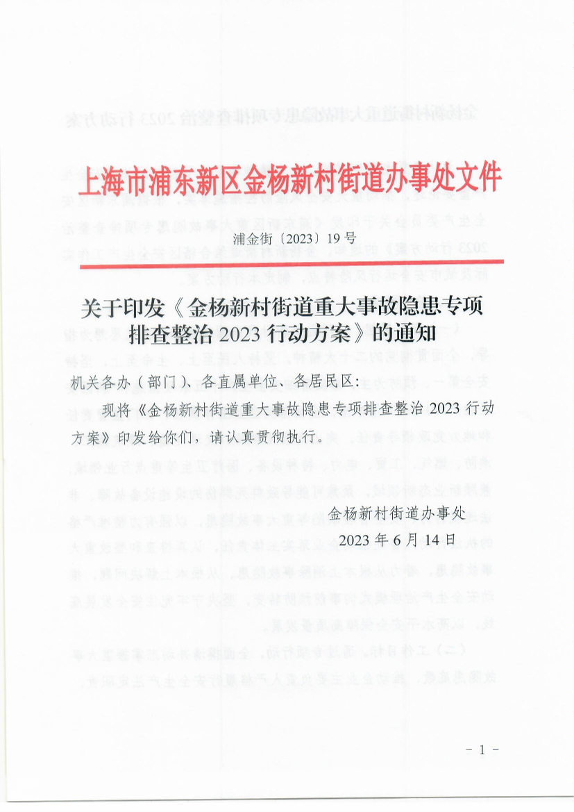 关于印发《金杨新村街道重大事故隐患专项 排查整治2023行动方案》的通知