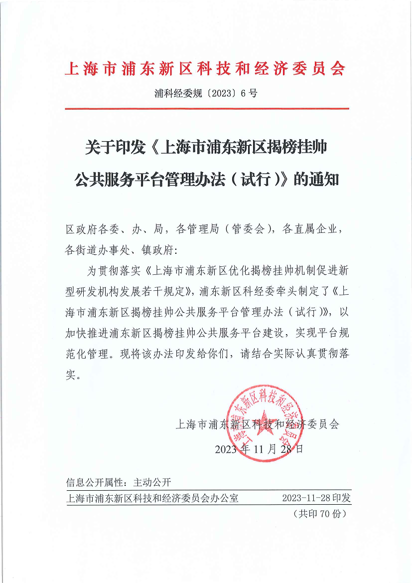 关于印发《上海市浦东新区揭榜挂帅公共服务平台管理办法（试行）》的通知