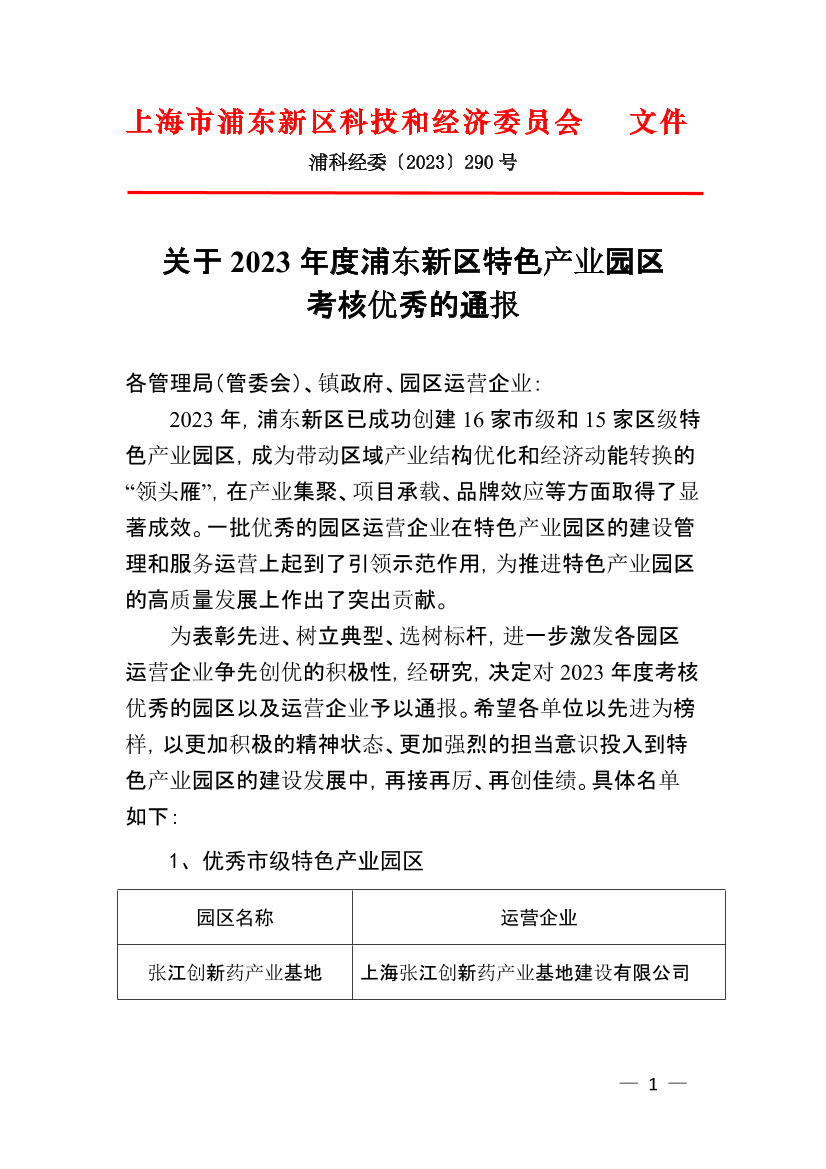 关于2023年度浦东新区特色产业园区考核优秀的通报