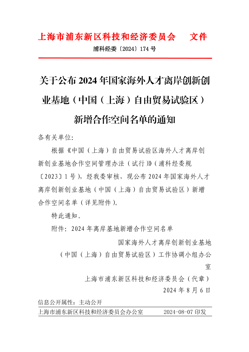 关于公布2024年国家海外人才离岸创新创业基地（中国（上海）自由贸易试验区）新增合作空间名单的通知