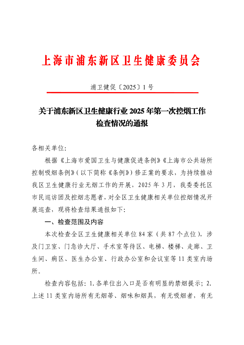 关于浦东新区卫生健康行业2025年第一次控烟工作检查情况的通报