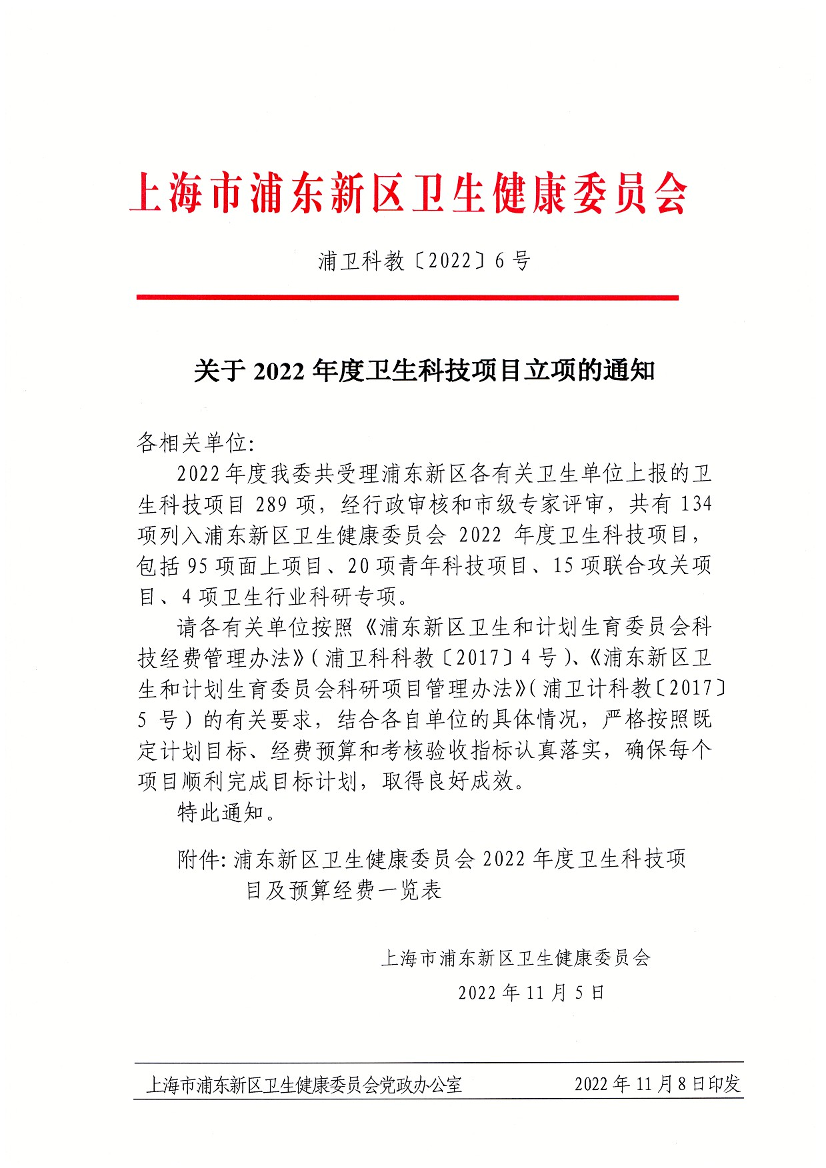关于2022年度卫生科技项目立项的通知