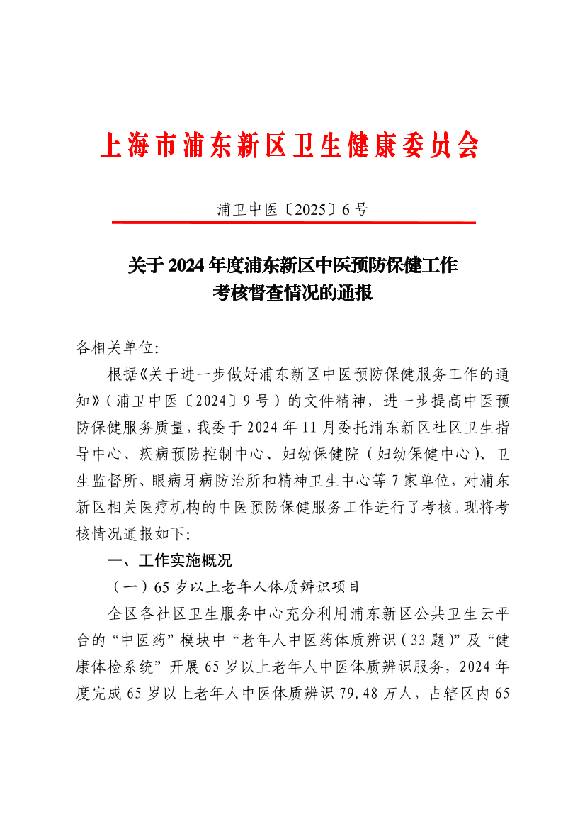 关于2024年度浦东新区中医预防保健工作考核督查情况的通报