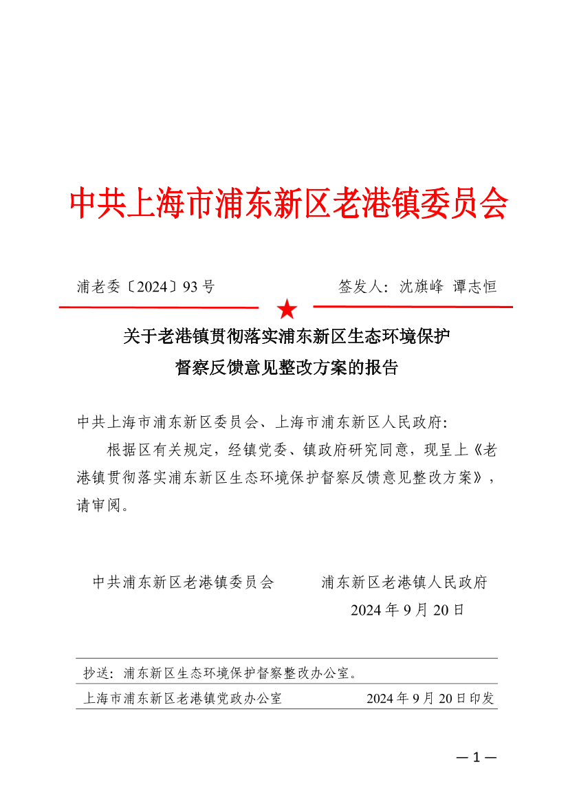 关于老港镇贯彻落实浦东新区生态环境保护督察反馈意见整改方案的报告