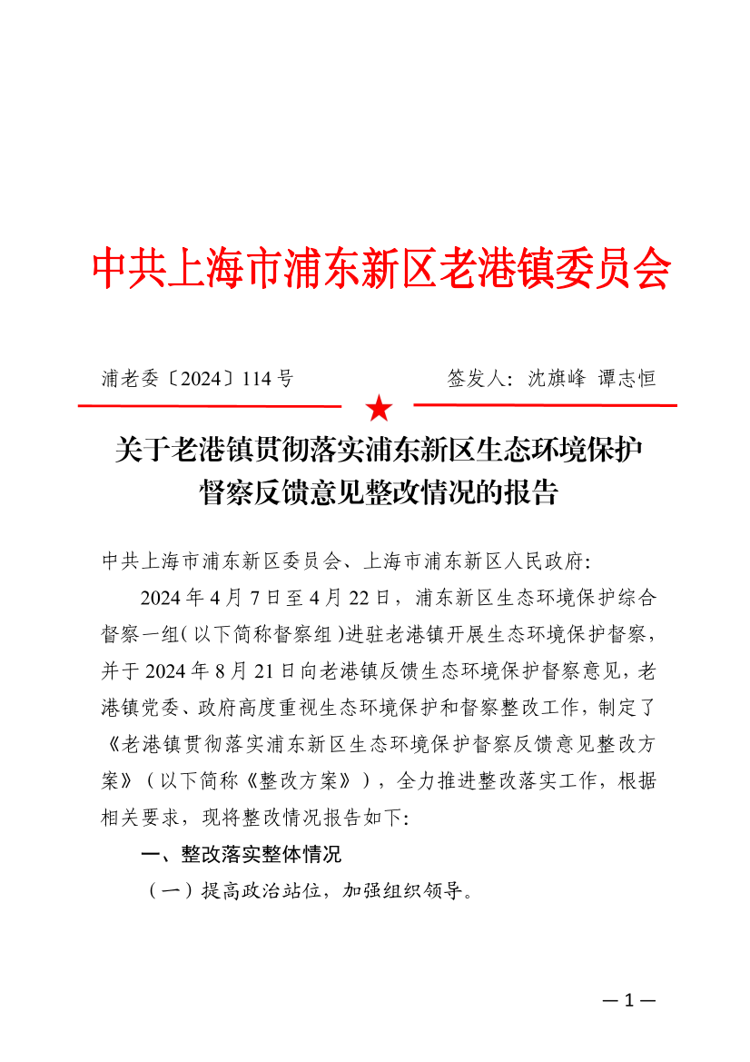 关于老港镇贯彻落实浦东新区生态环境保护督察反馈意见整改情况的报告