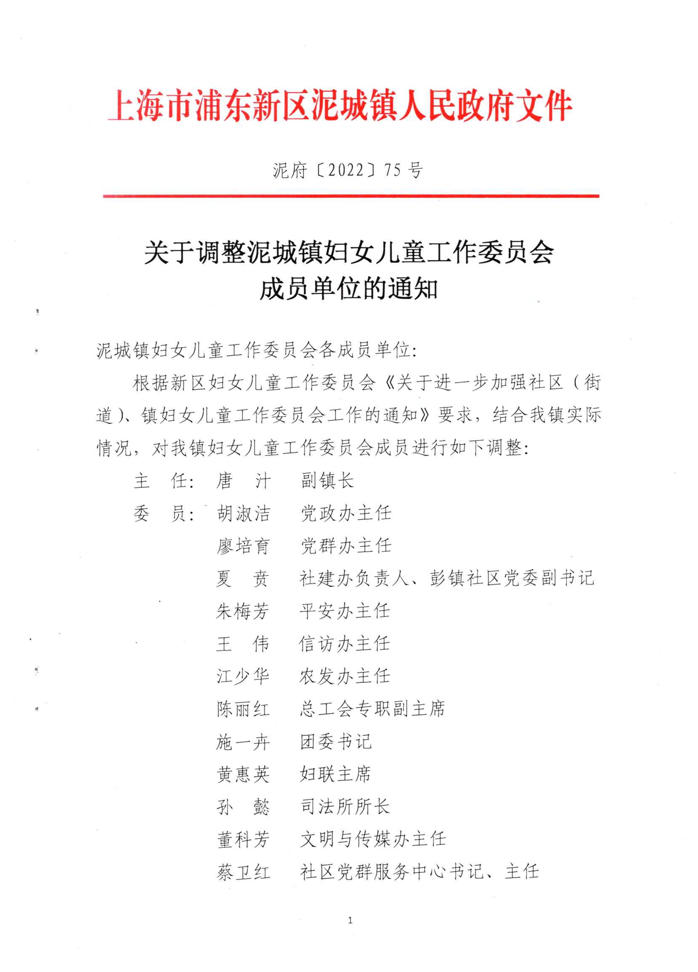 关于调整泥城镇妇女儿童工作委员会成员单位的通知