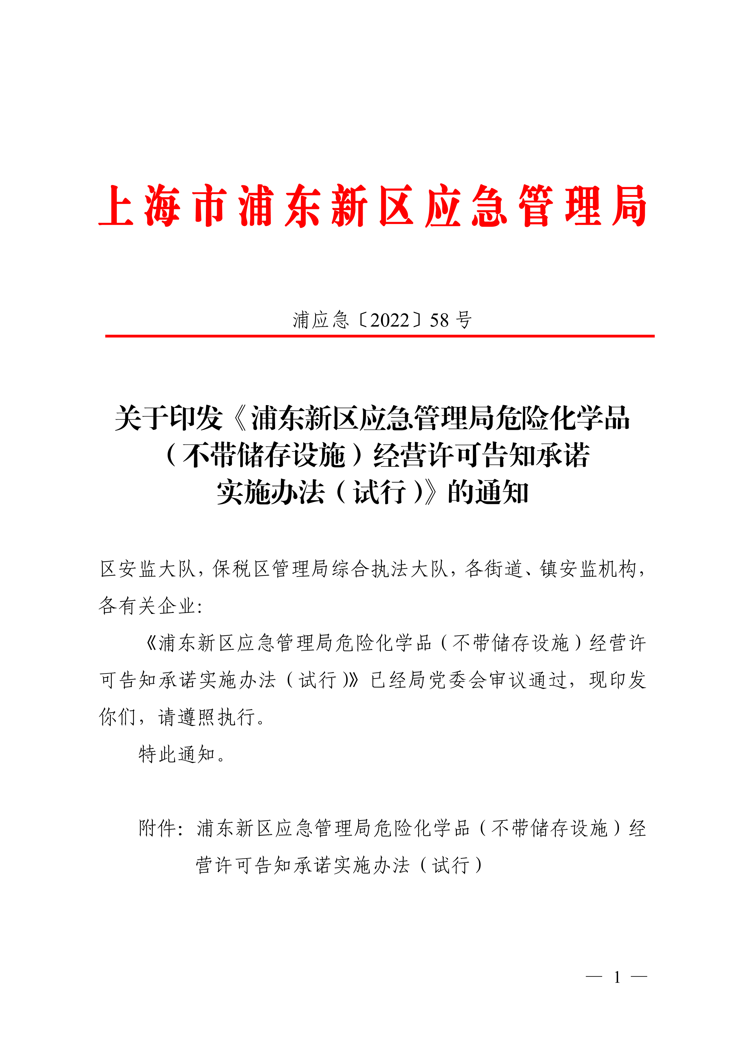 关于印发《浦东新区应急管理局危险化学品（不带储存设施）经营许可告知承诺实施办法（试行）》的通知