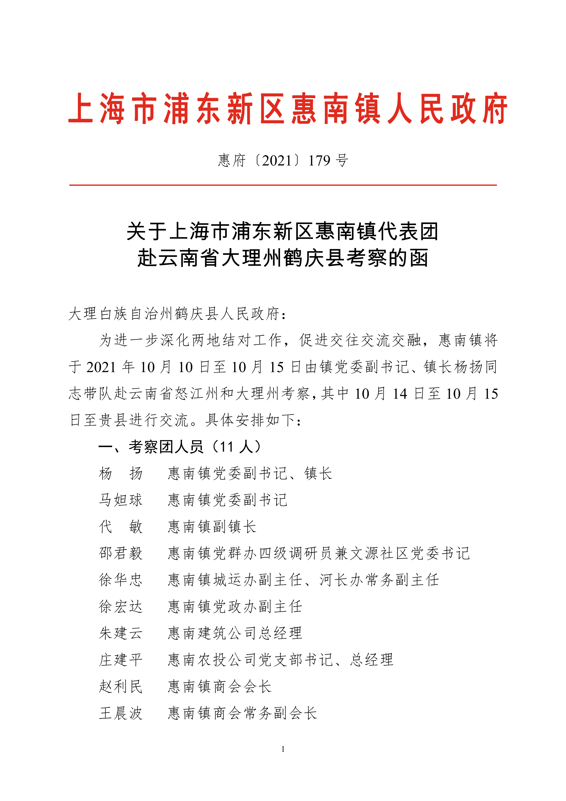 关于上海市浦东新区惠南镇代表团赴云南省大理州鹤庆县考察的函