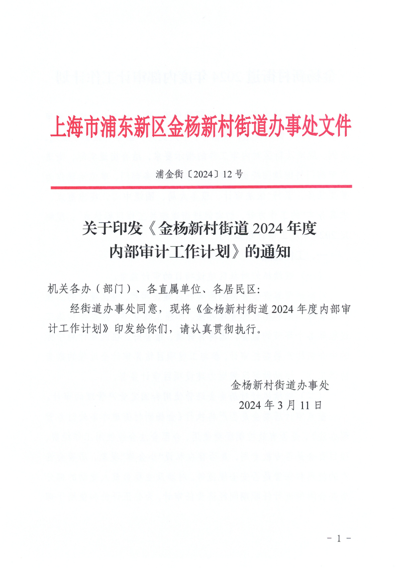 关于印发《金杨新村街道2024年度内部审计工作计划》的通知