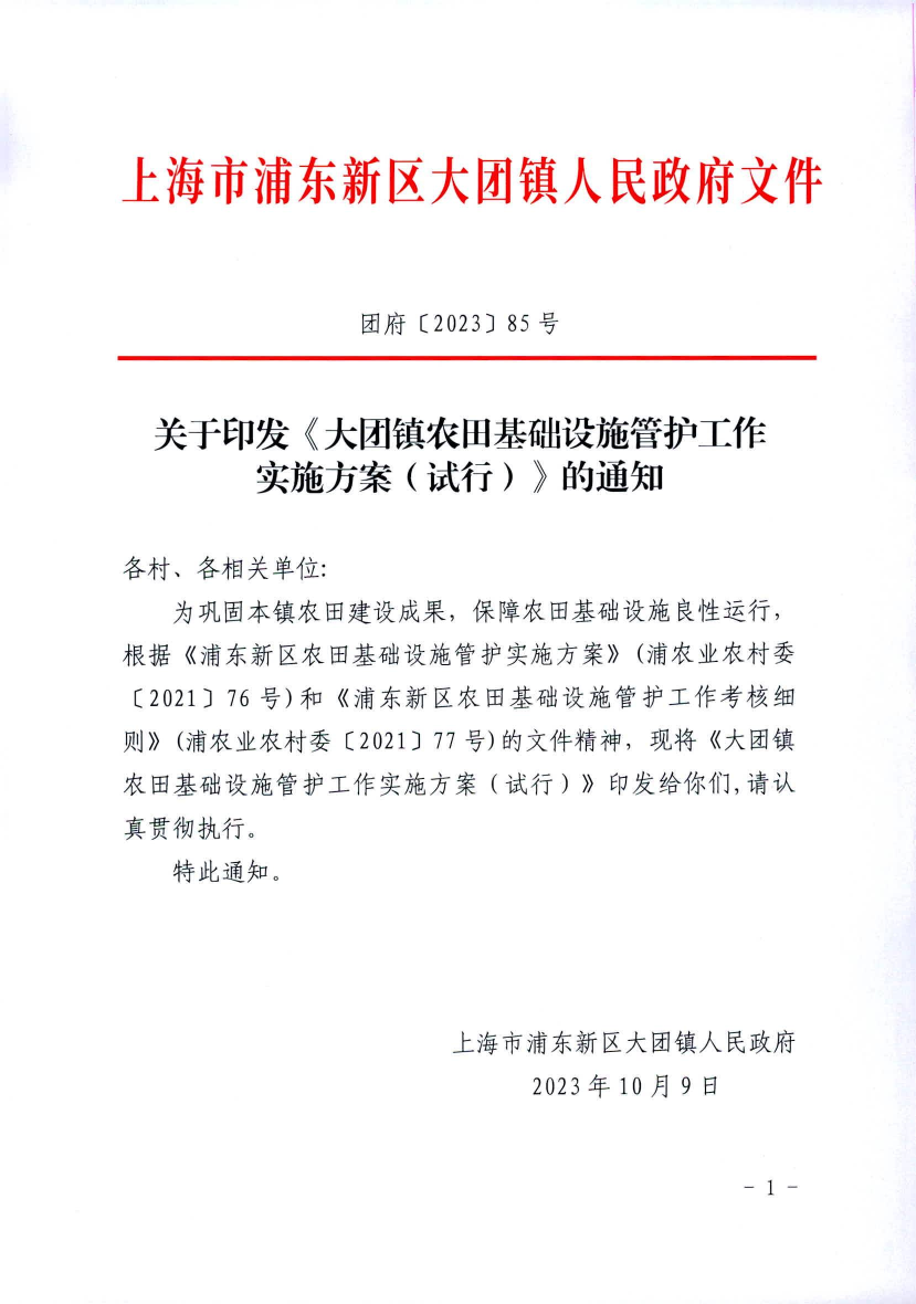 关于印发《大团镇农田基础设施管护工作 实施方案（试行）》的通知