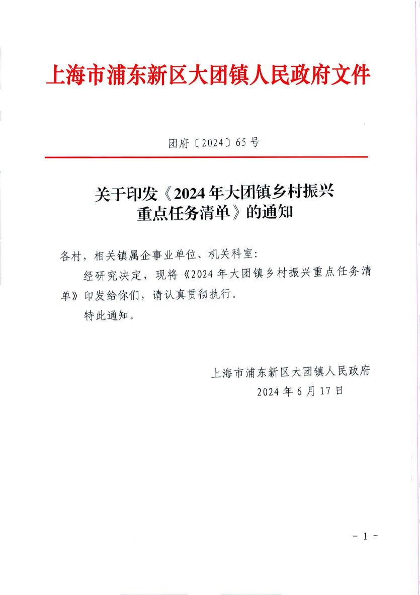 关于印发《2024年大团镇乡村振兴 重点任务清单》的通知