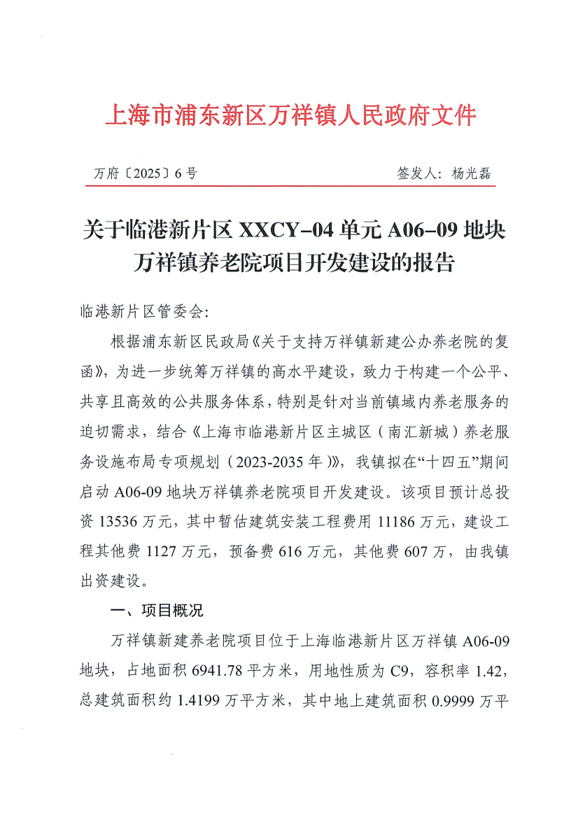 关于临港新片区XXCY-04单元A06-09地块万祥镇养老院项目开发建设的报告