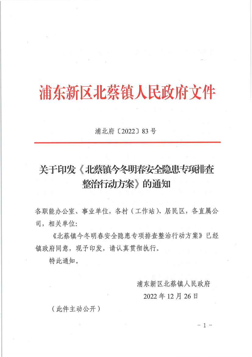 关于印发《北蔡镇今冬明春安全隐患专项排查整治行动方案》的通知