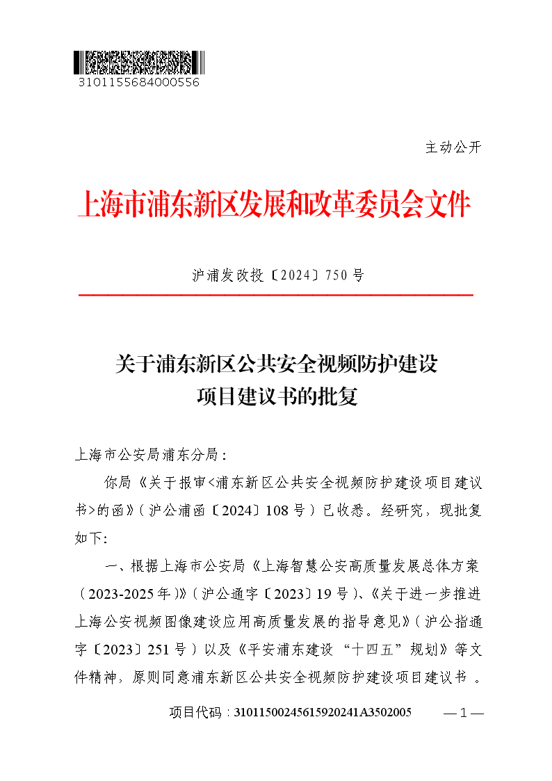 关于浦东新区公共安全视频防护建设项目建议书的批复