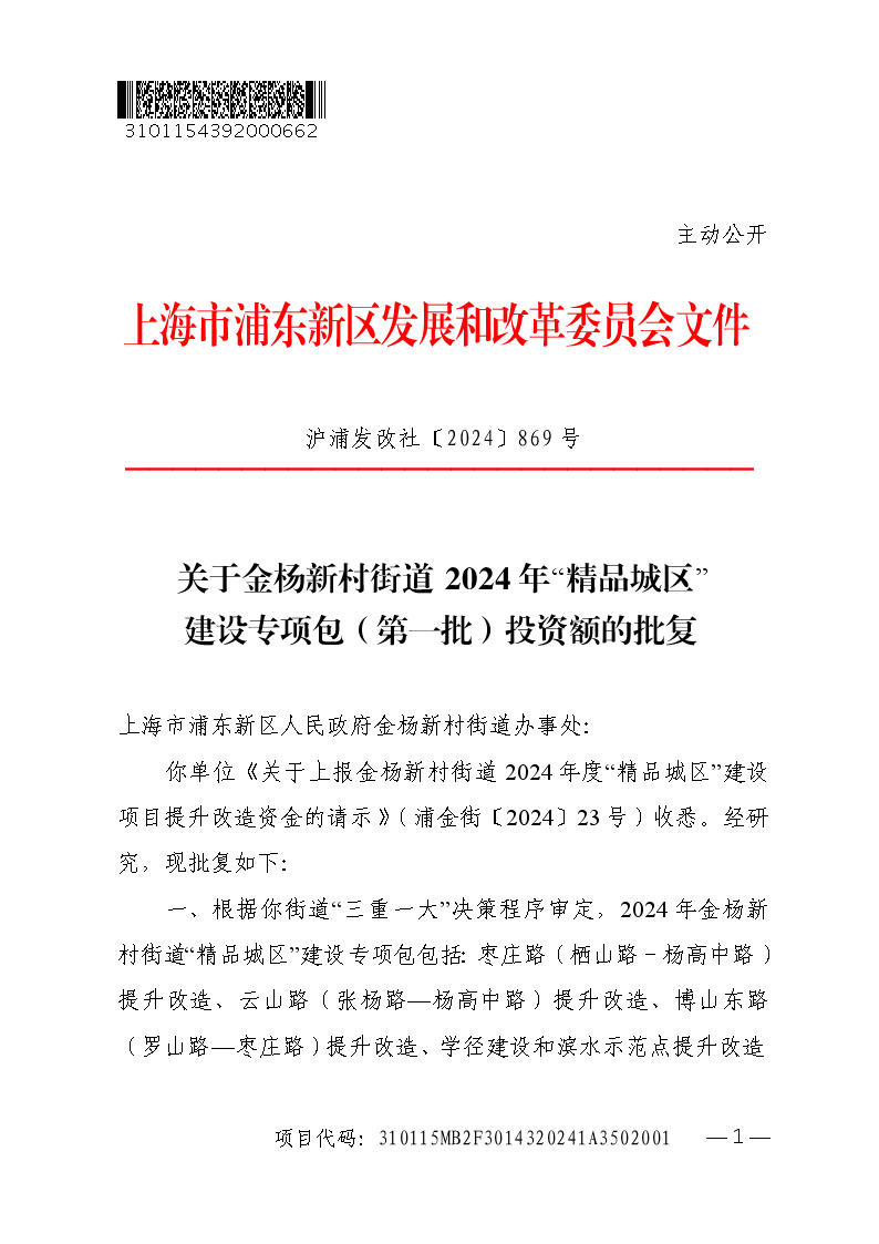 关于金杨新村街道2024年“精品城区” 建设专项包（第一批）投资额的批复