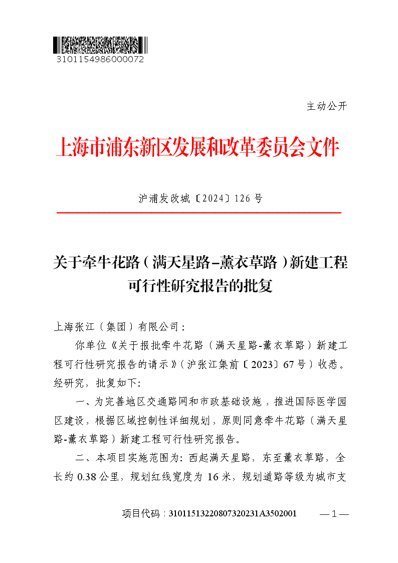 关于牵牛花路（满天星路-薰衣草路）新建工程可行性研究报告的批复