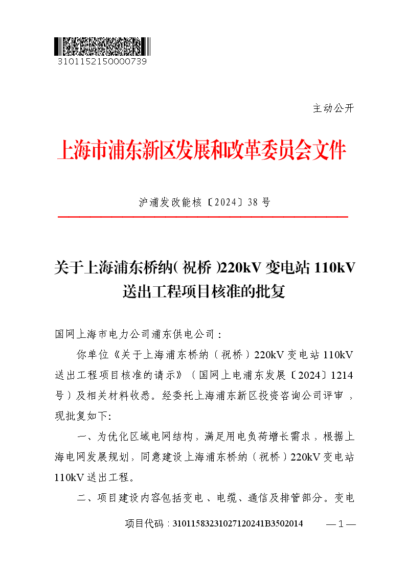 关于上海浦东桥纳（祝桥）220kV变电站110kV送出工程项目核准的批复