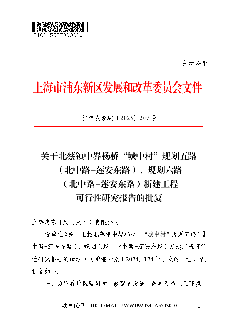 关于北蔡镇中界杨桥“城中村”规划五路（北中路-莲安东路）、规划六路（北中路-莲安东路）新建工程可行性研究报告的批复