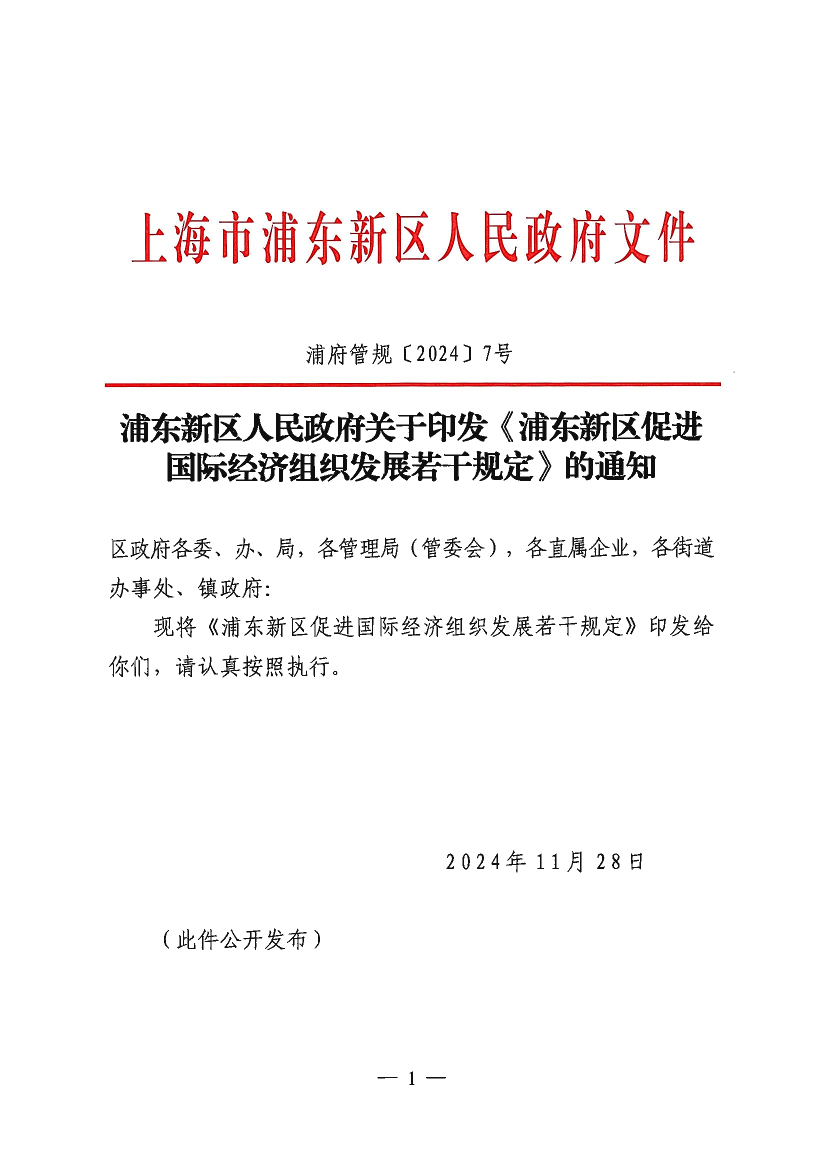 浦东新区人民政府关于印发《浦东新区促进国际经济组织发展若干规定》的通知