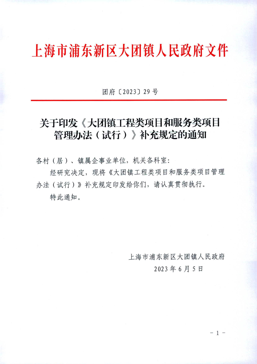 关于印发《大团镇工程类项目和服务类项目管理办法（试行）》补充规定的通知