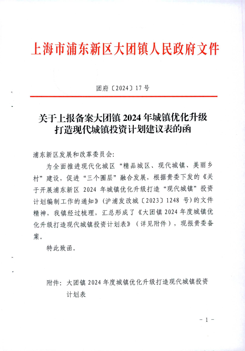 关于上报备案大团镇 2024 年城镇优化升级 打造现代城镇投资计划建议表的函
