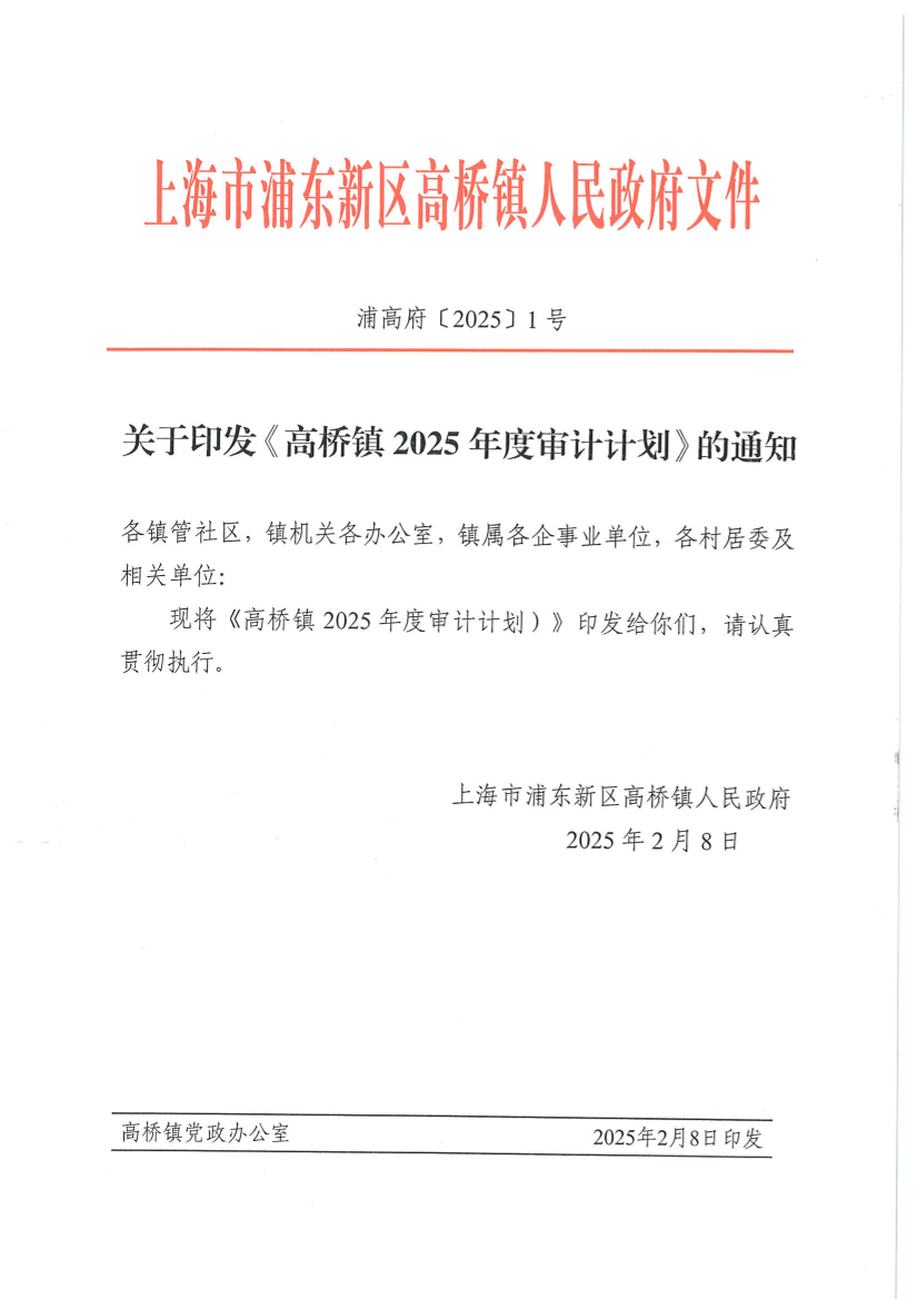 关于印发《高桥镇2025年度审计计划》的通知